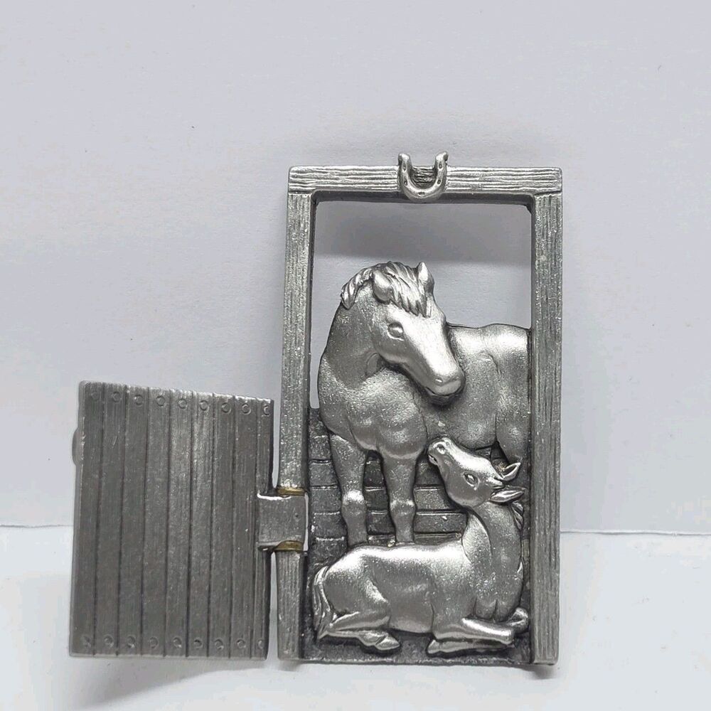 Horse And Baby In Stable Brooch With Movable Door Opens And Closes By JJ Jonette
